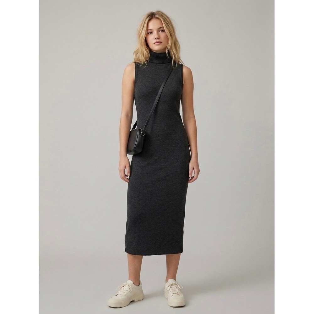 Zara Womens Sleeveless Turtleneck Midi Knit Dress Charcoal Gray Size Large